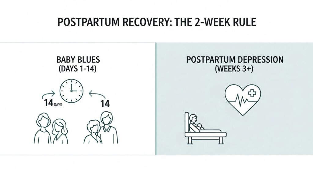infographic showing the 2 week rule for post partum depression