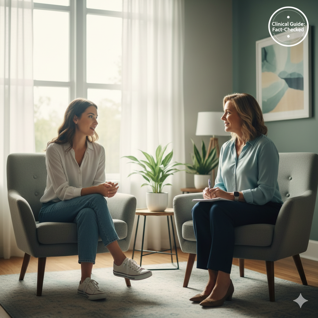 image showing a mother speaking to a therapist about cbt