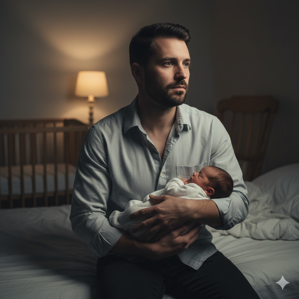 image showing a dad holding a baby with similar post partum