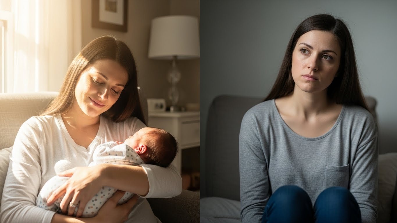Side-by-side visual representation of baby blues vs postpartum depression symptoms for clinical comparison.