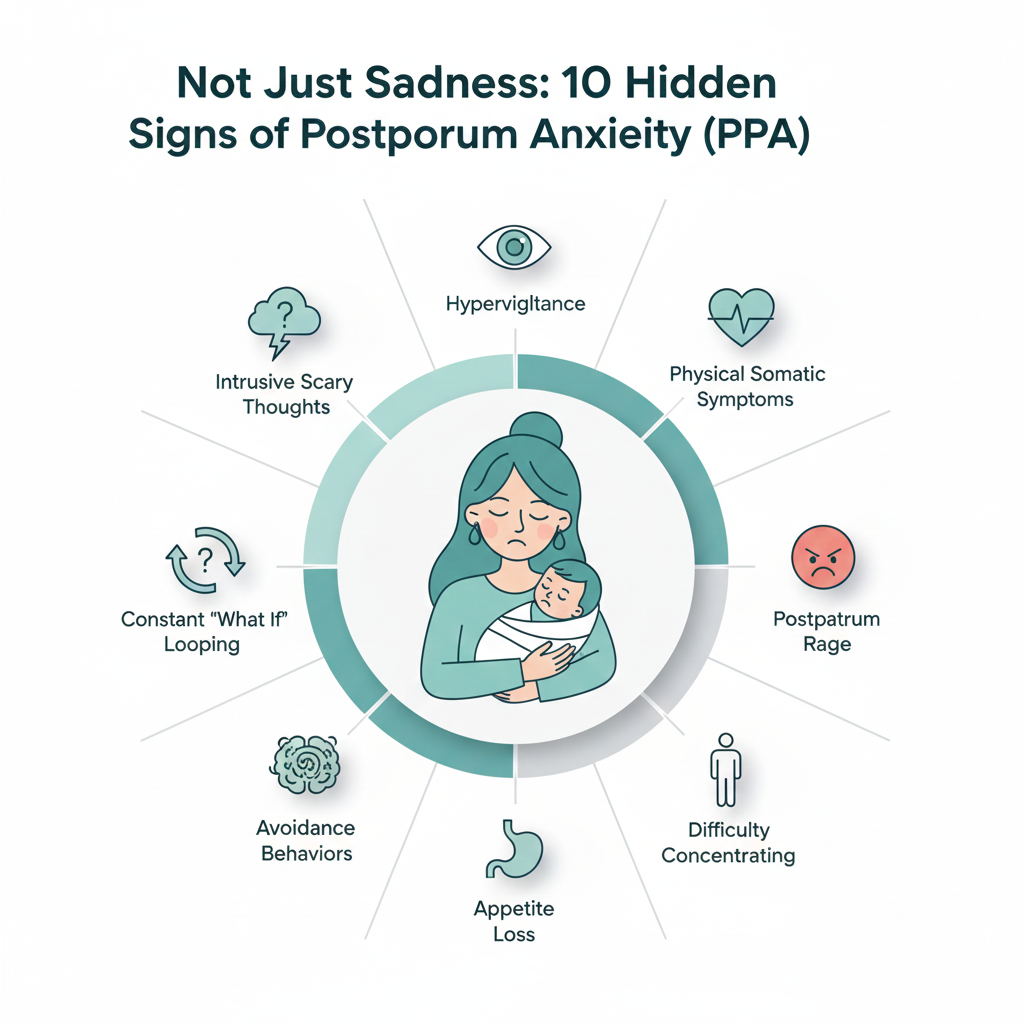 circular loop image of post partum anxiety infographic
