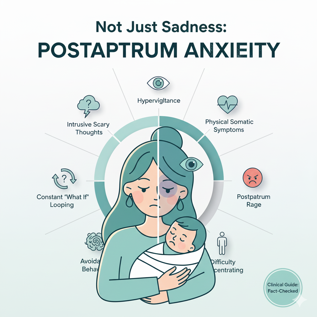Infographic titled 10 Hidden Signs of Postpartum Anxiety showing a mother holding a baby surrounded by symptoms like intrusive thoughts, hypervigilance, and physical tension.
