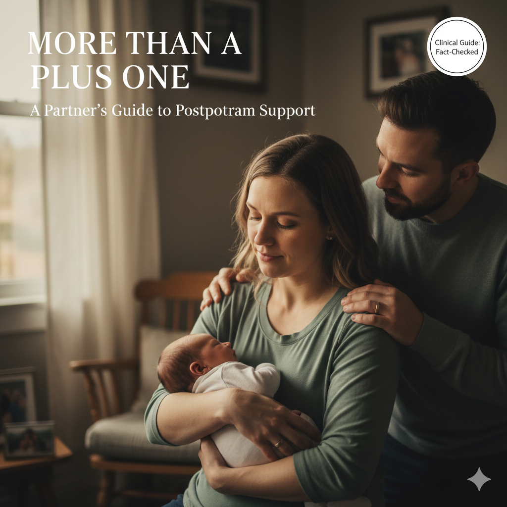 A supportive partner’s hand resting gently on a mother’s shoulder as she holds her newborn baby, captured in warm, comforting lighting to represent postpartum depression support.