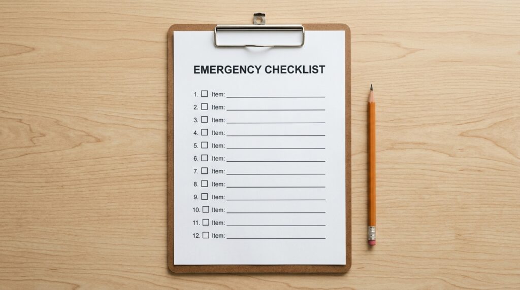 postpartum emergency checklist, clipboard and pen