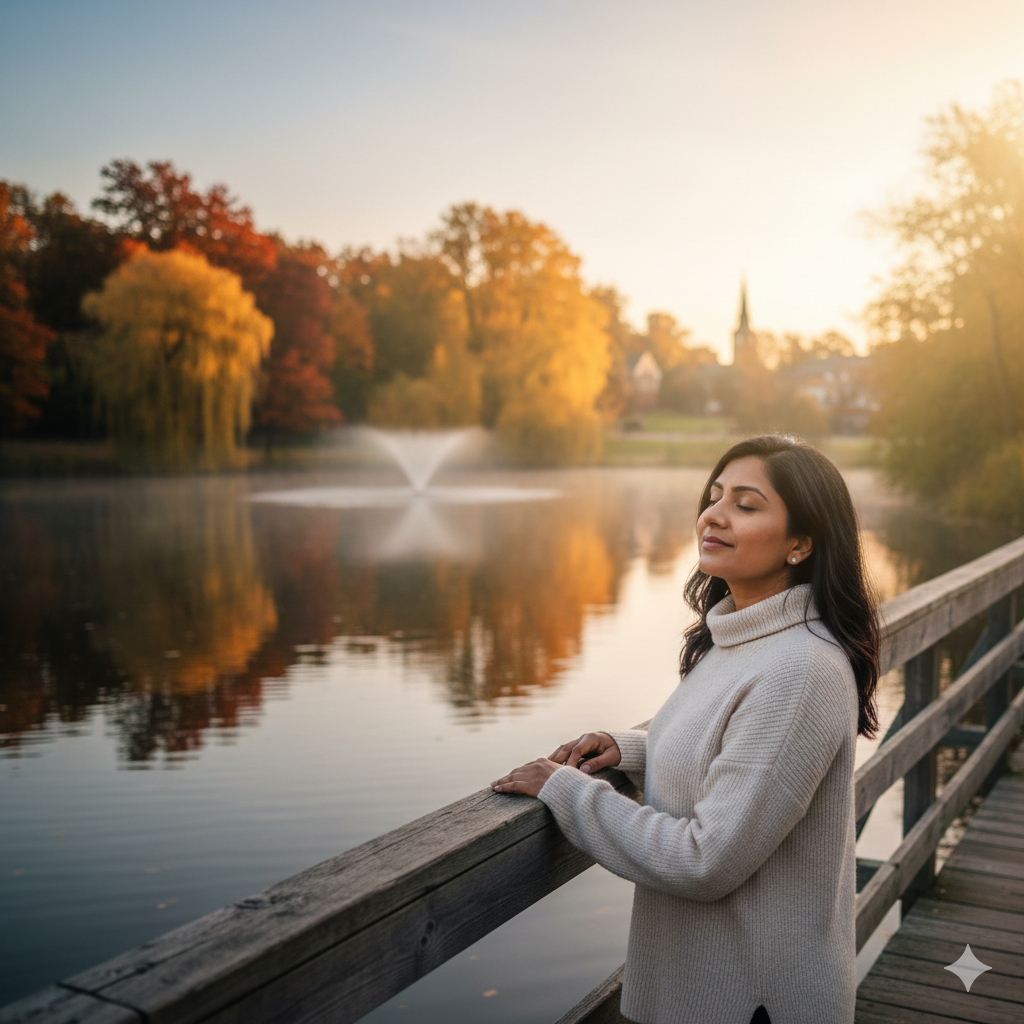 grounding techniques for anxiety, person smiling at fairy lake ontario