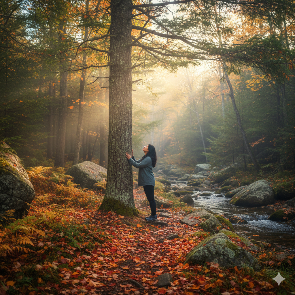 image of a woman with her hands on a tree with the sun shining brightly