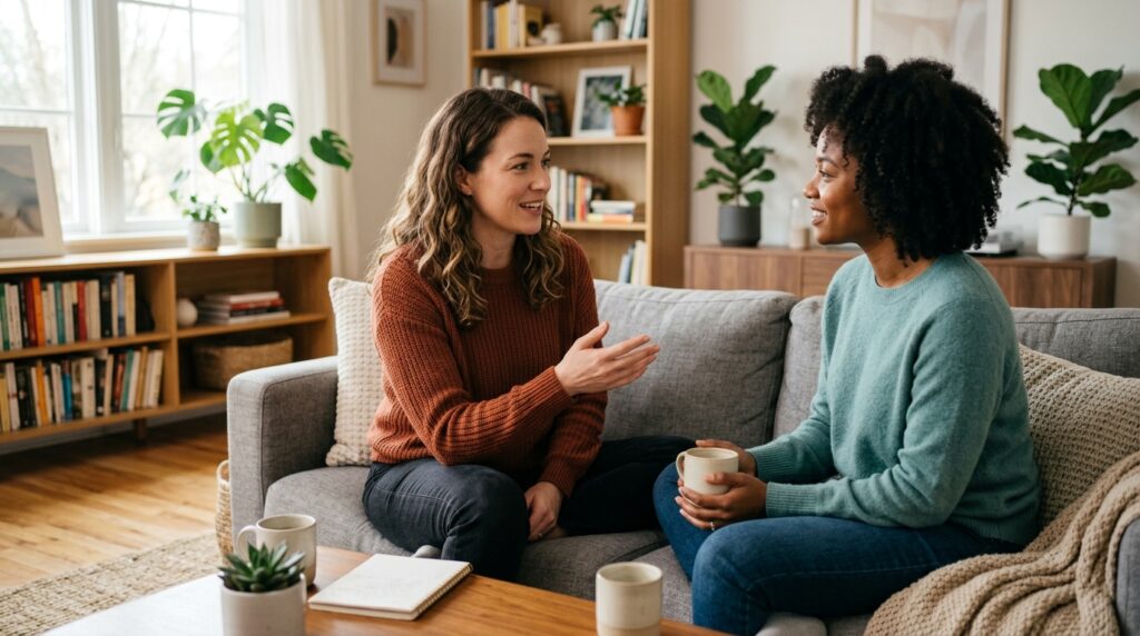 image of two women talking about how to find a therapist in Ontario