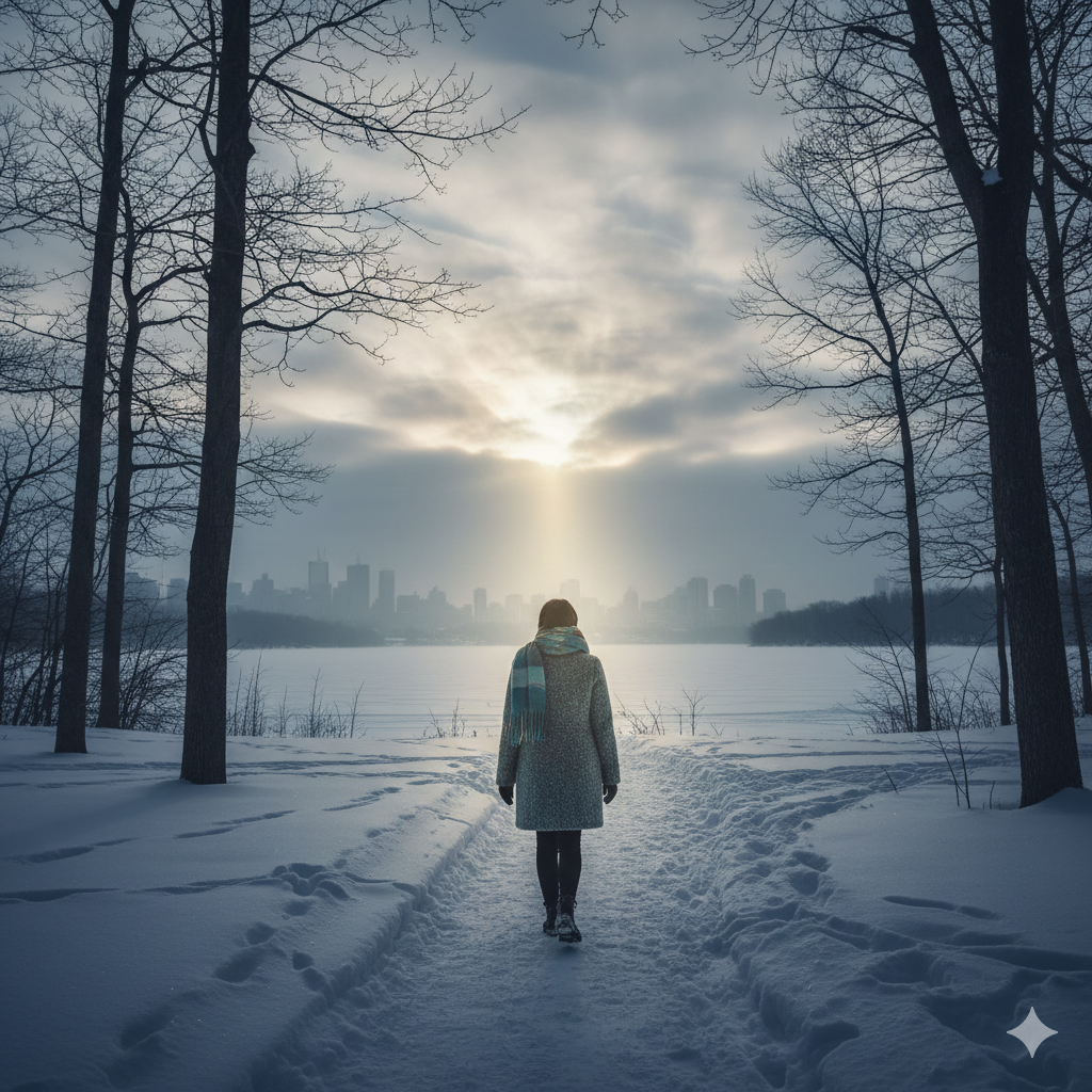 image depicting seasonal depression, person walking towards the light in a winter day