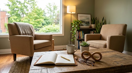 A warm, professional therapy office in Ontario featuring neuro-affirming symbols and a welcoming atmosphere for ADHD-informed counseling.
