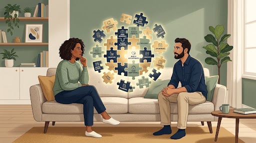 A professional illustration depicting a couple collaborating on a complex mental load puzzle, representing neuro-affirming co-parenting and marriage support.