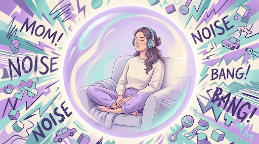 A professional illustration of a neurodivergent parent using sensory regulation tools to maintain a sense of calm amidst household noise.