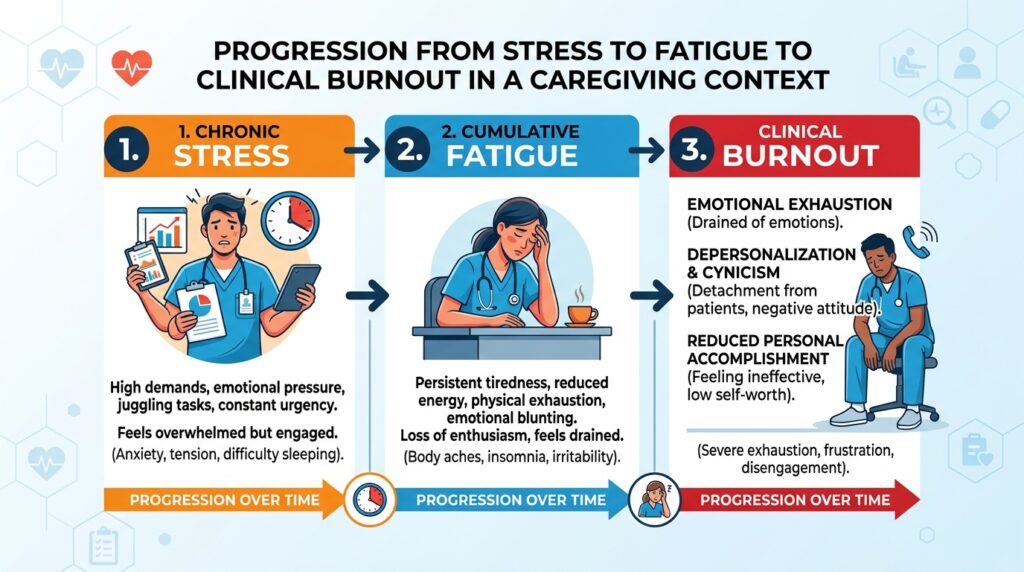A diagram showing the progression from stress to fatigue to clinical burnout in a caregiving context.