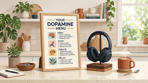 A neuro-affirming self-care setup for ADHD moms featuring a Dopamine Menu board, noise-canceling headphones, and a coffee cup, representing sensory regulation.