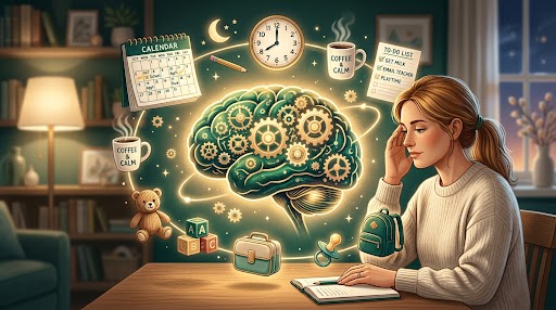 An editorial illustration symbolizing executive functioning in parenting, featuring cognitive gears and daily life icons in a supportive, neuro-affirming style.