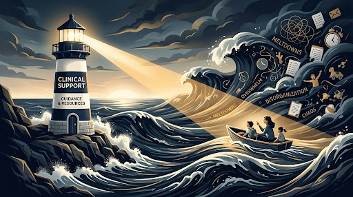 A lighthouse guiding a ship through a storm, symbolizing neuro-affirming support for parents navigating ADHD burnout.