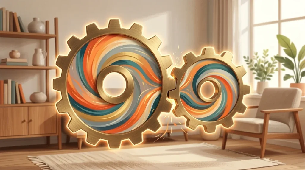 An illustration of interlocking gears representing the shared neurological journey of a parent and child in a Double ADHD household.