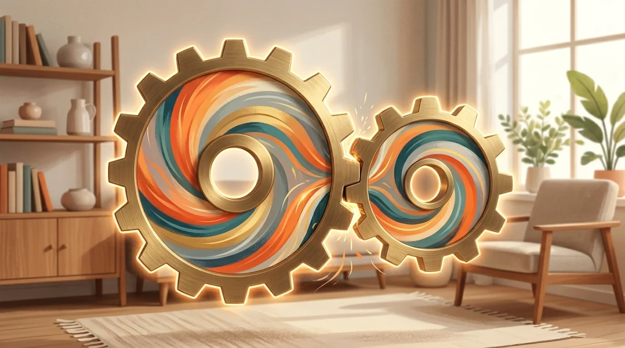 An illustration of interlocking gears representing the shared neurological journey of a parent and child in a Double ADHD household.